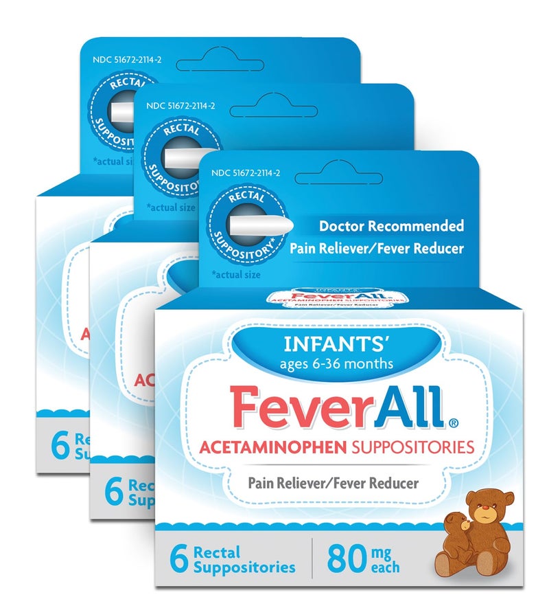 Feverall Infant Acetaminophen Suppositories 6 Rectal Suppositories 80mg Each Pain RelieverFever Reducer Paraben Free No Artificial Colors or Other preservatives Ages 636 Months Value 3 Pack
